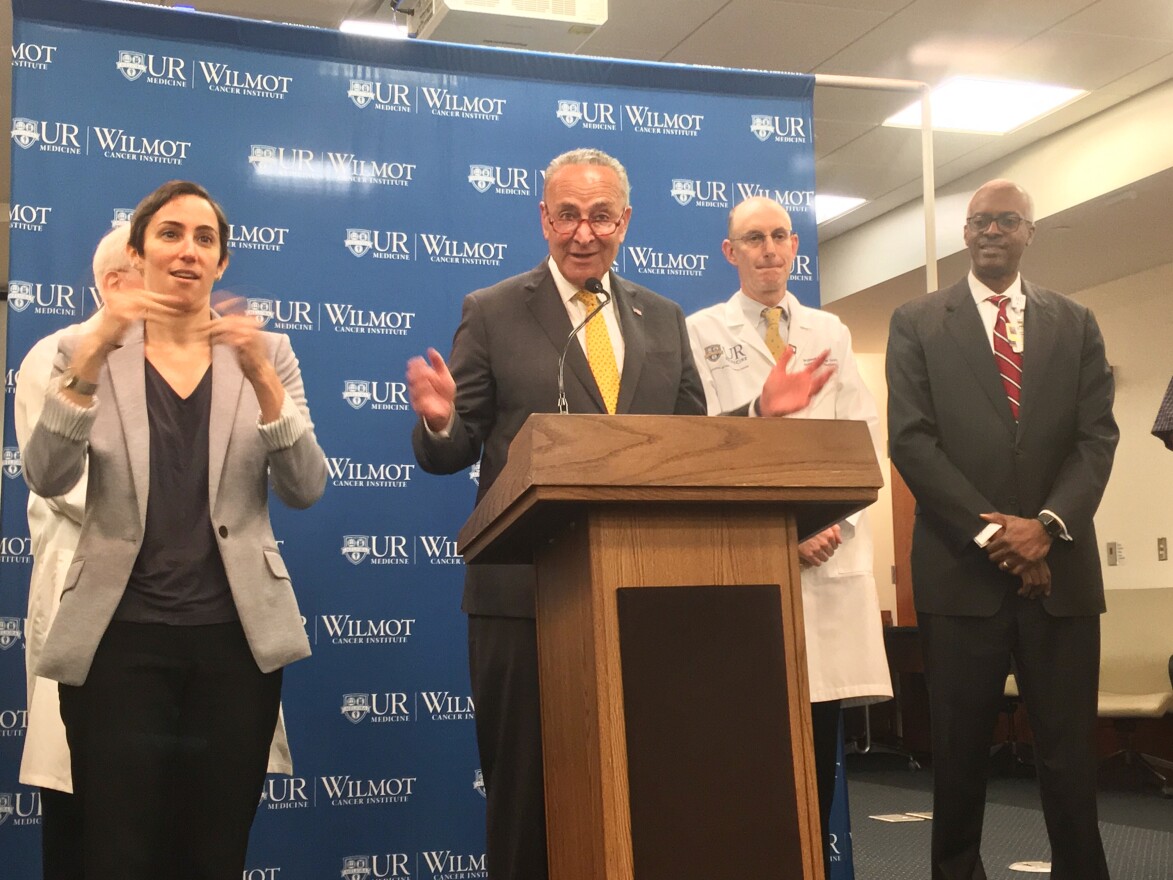 New York Sen. Chuck Schumer, a Democrat, speaks at the University of Rochester Medical Center, where he called on the federal government to address a drug shortage.